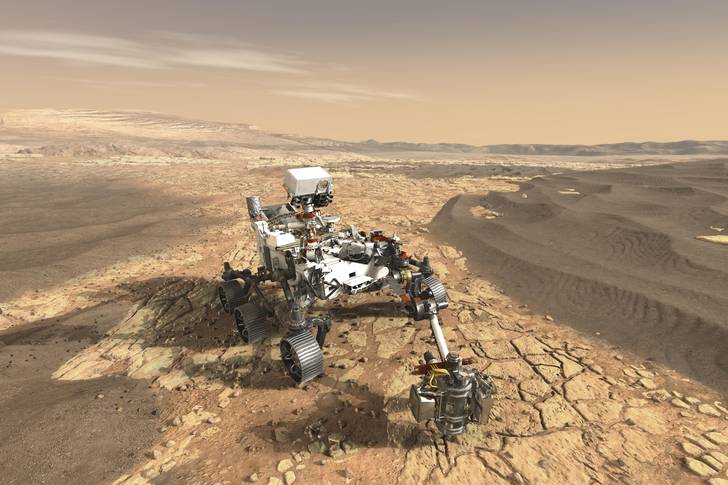 NASA's Mars 2020 rover on the surface of Mars in an artist's rendering.